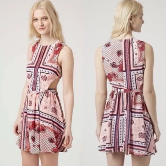 Topshop Dresses & Skirts - Topshop Copper Brown Cream Floral Patchwork Cut Out Flare Skater
